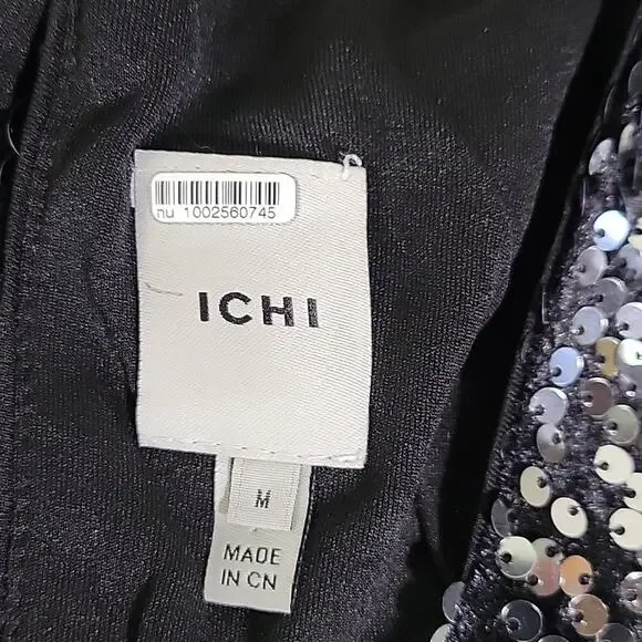 ICHI Wilde Black Silver Sequin Long Sleeve Dress V Neck Open Back Medium NEW - Picture 7 of 13